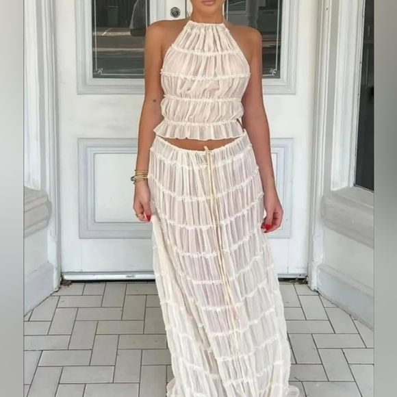 Tops - Fashion Halter Neck Long Skirt Suit Women Backless Sling Top Lace Up Fold Maxi